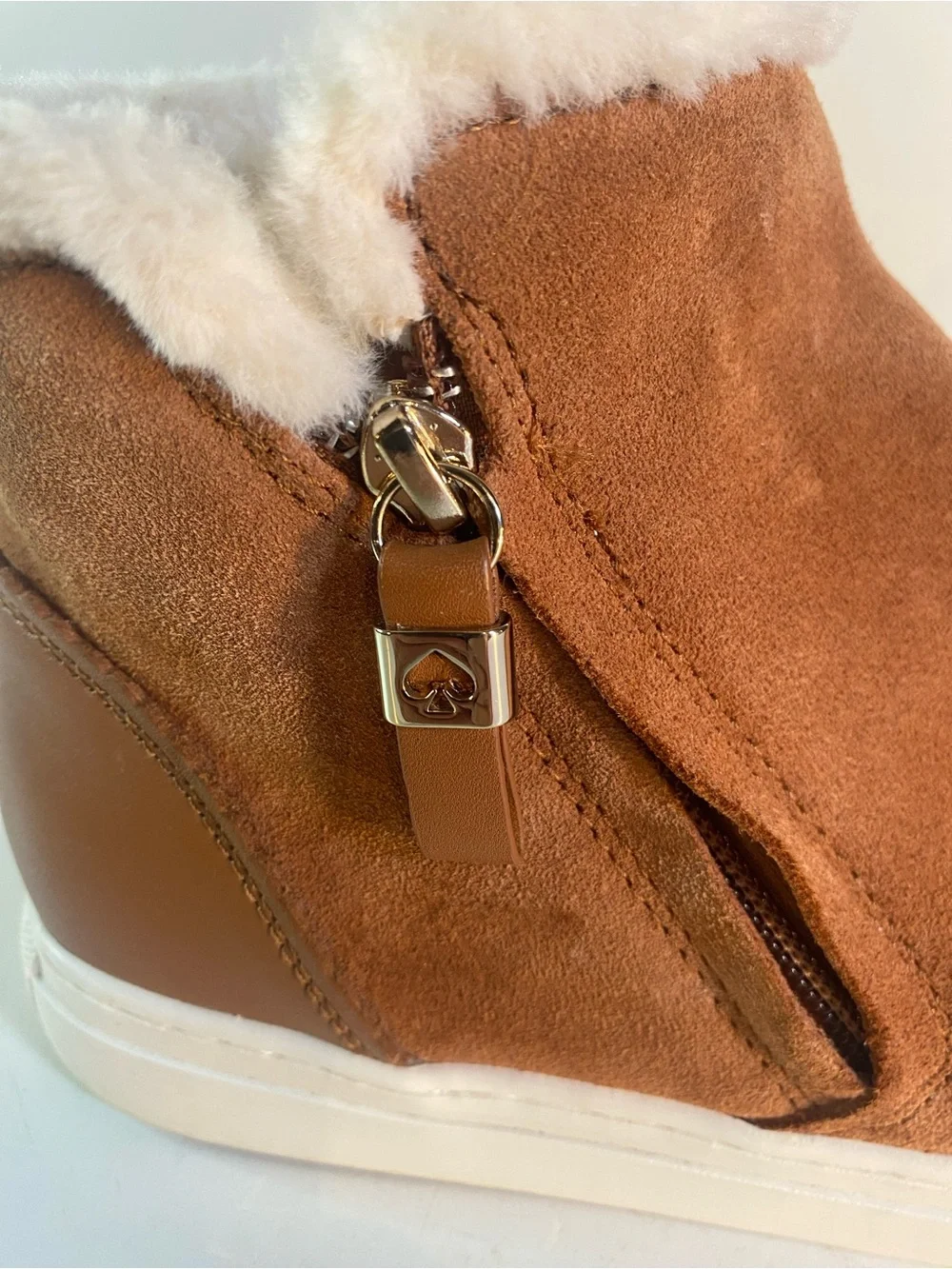 Kate Spade Harper Gingerbread Suede Winter Sneakers Plush White Faux Fur Lining